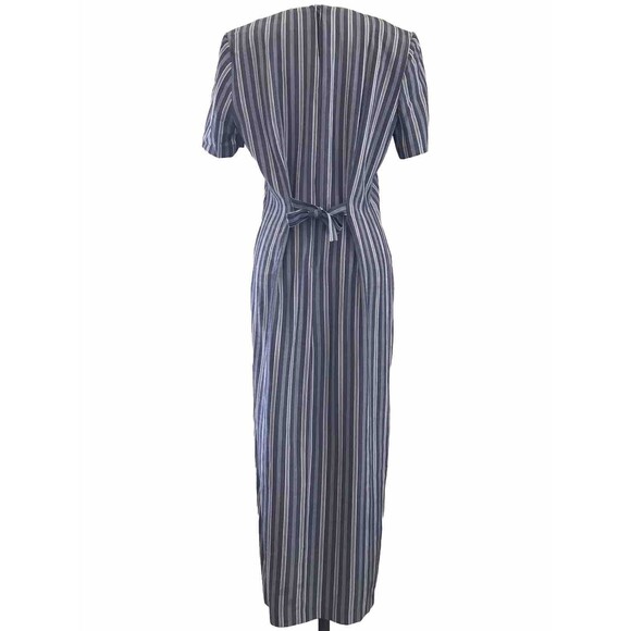 Vintage 90s All That Jazz Blue Striped Short Sleeve Midi Pencil Dress - M - Picture 4 of 8